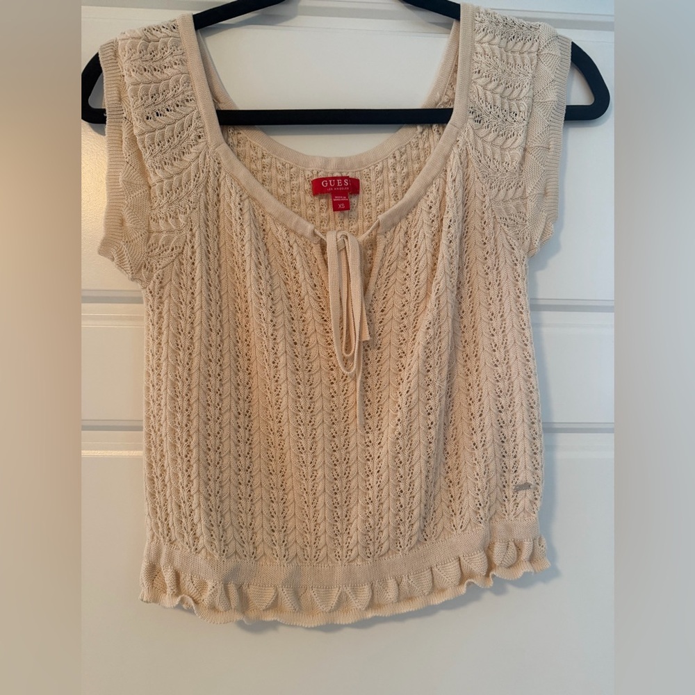 GUESS Cream Open-Knit Tie-Neck Short Sleeve Top